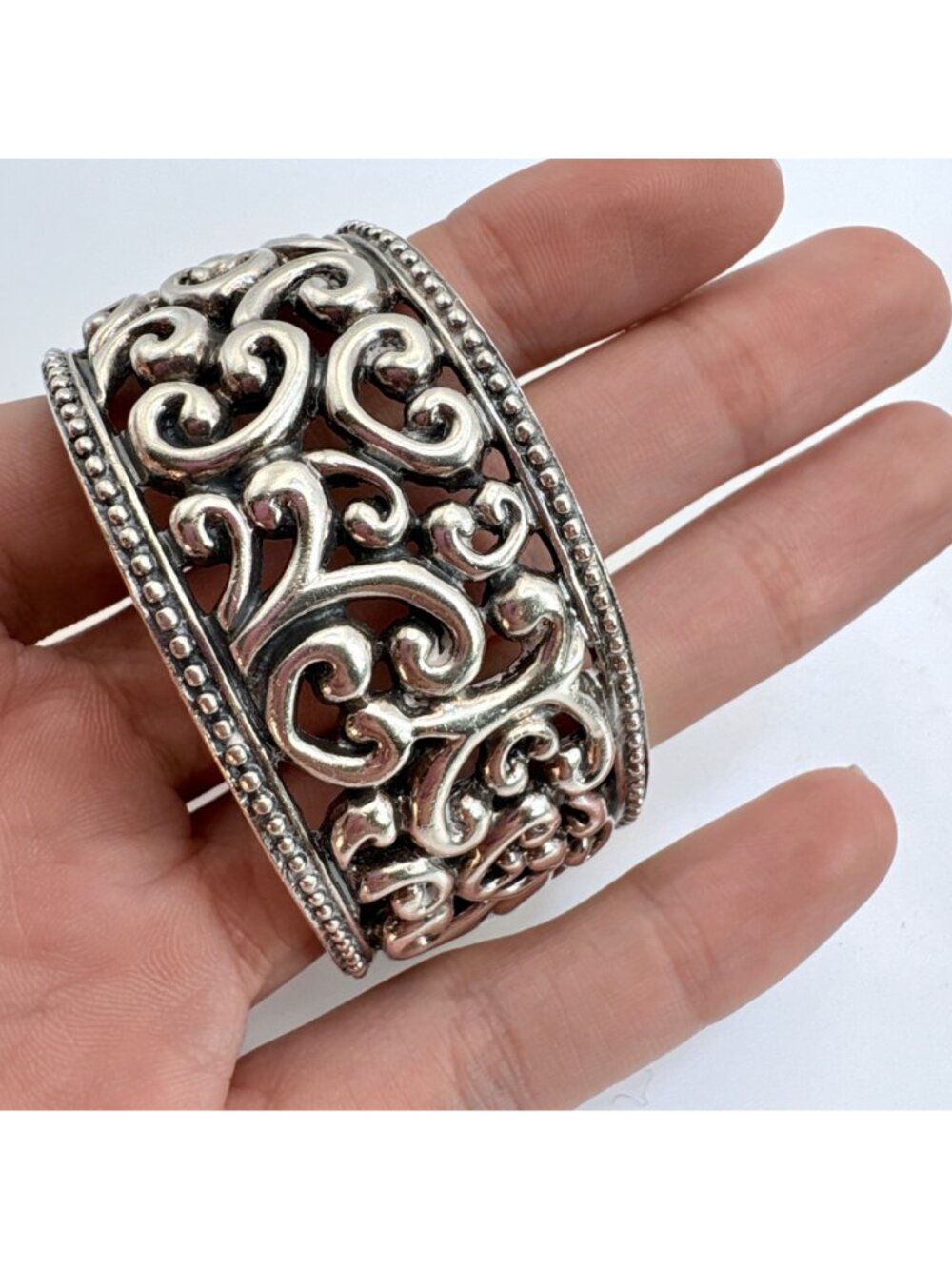 Openwork Scroll Design Sterling Silver 925 Beaded Border Cuff Bracelet 7.5" Fit - Picture 7 of 10